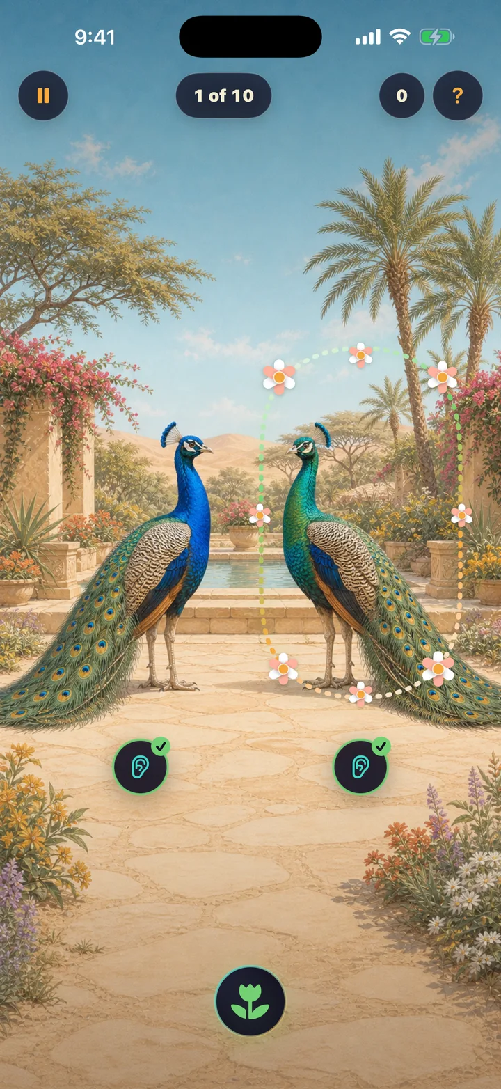Peacock Garden: compare two peacock calls in a painted garden.