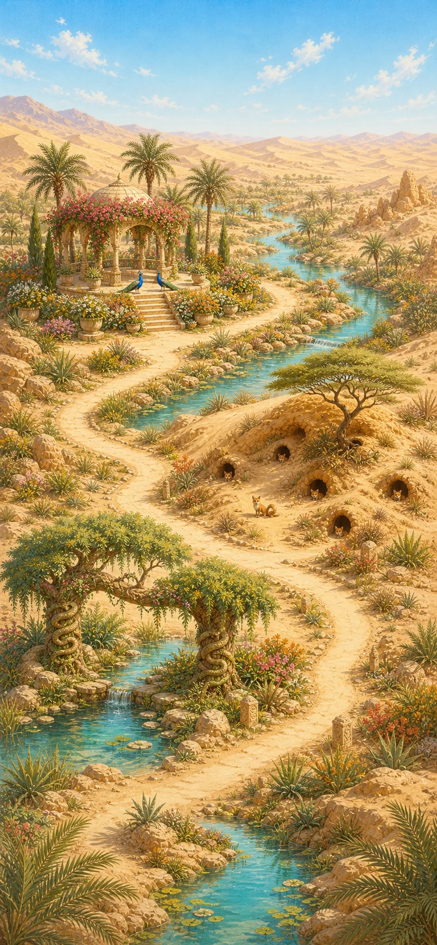 Echo Biomes’ illustrated oasis, with a peacock garden, fennec hideaways and a winding river.