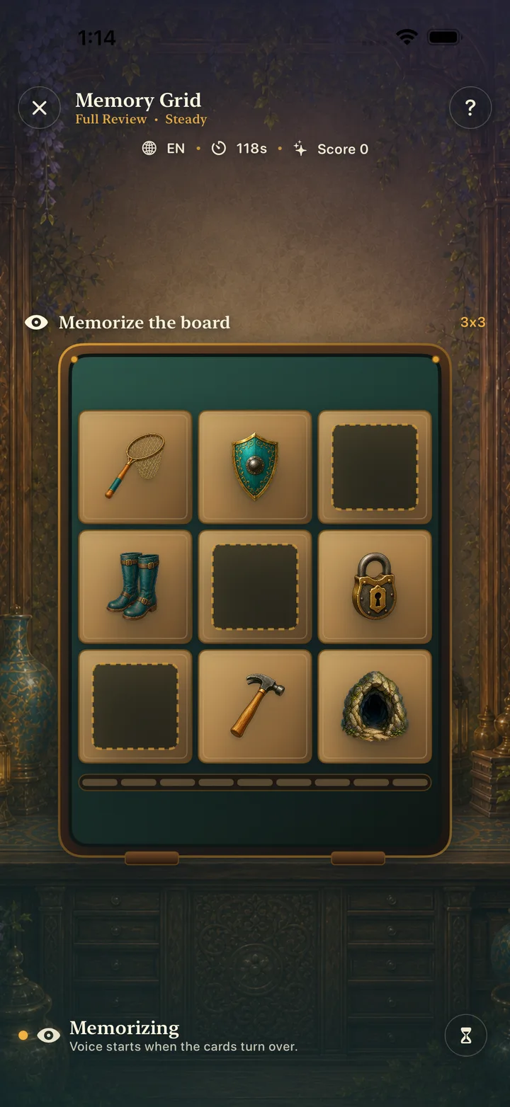 Memory Grid displays picture cards for a spoken recall puzzle.