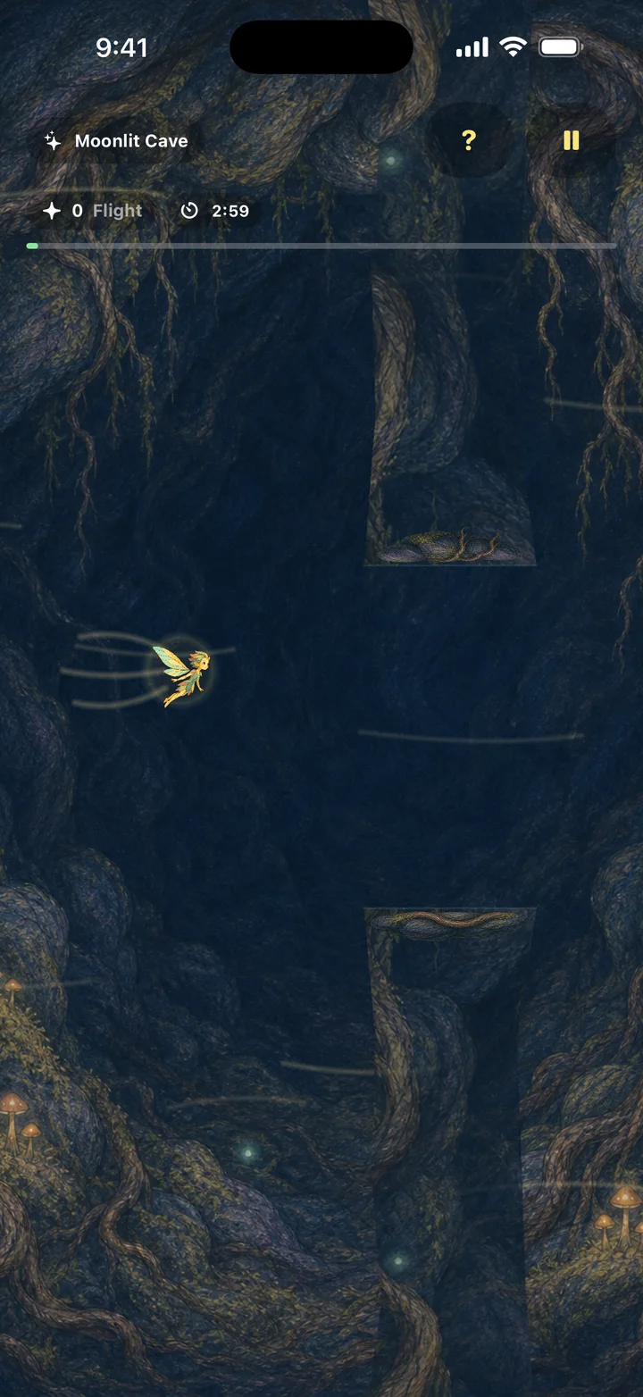 Moonlit Cave: a fairy flies between stone ledges.