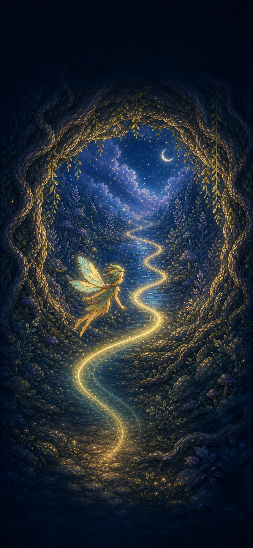 A fairy follows a golden trail through Vocal Glide’s moonlit forest.